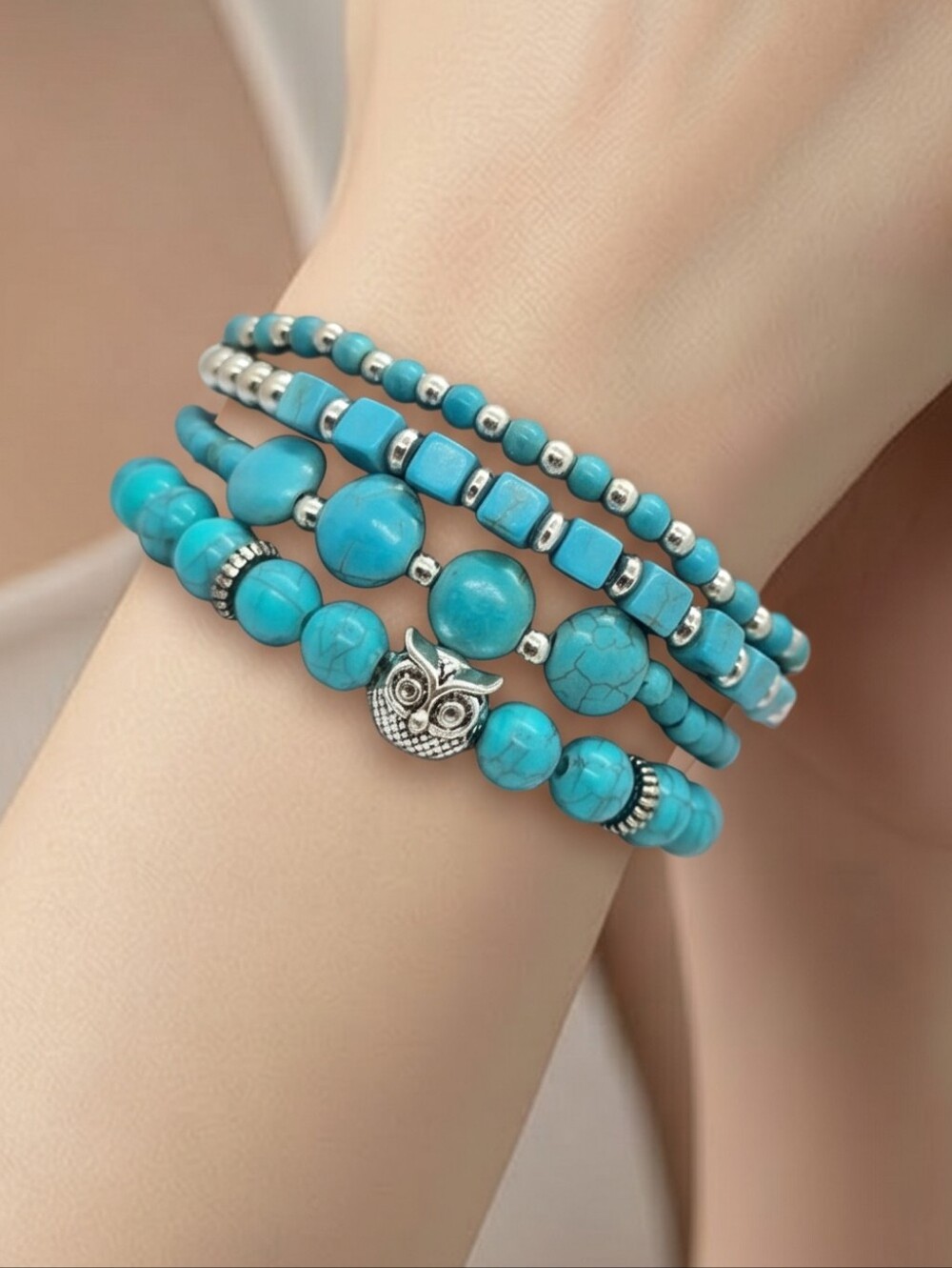 Turquoise Beaded Owl Stacked Bracelet Set 4 Bohemian Western Southwestern Whimsy